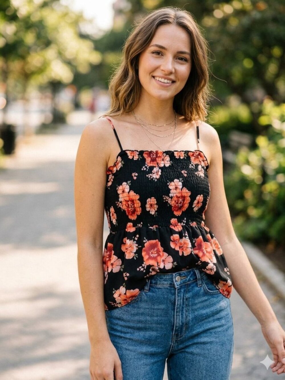 No Boundaries Floral Camisole Peplum Tank Top Black Pink XL